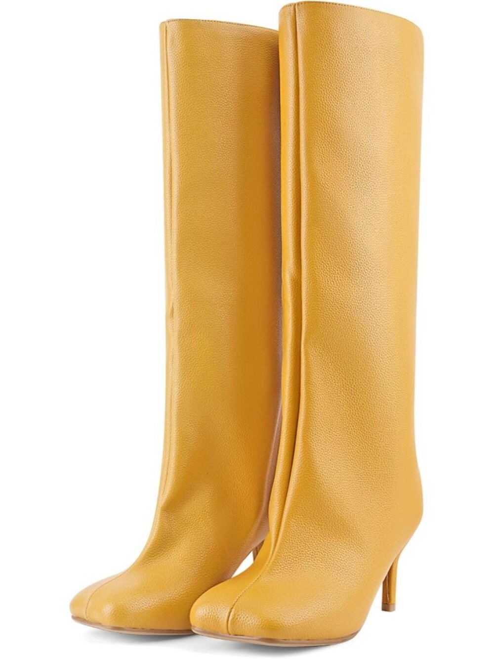 Women's Yellow Lychee Comfortable Pull On Stiletto Heels Square Toe Long Booties